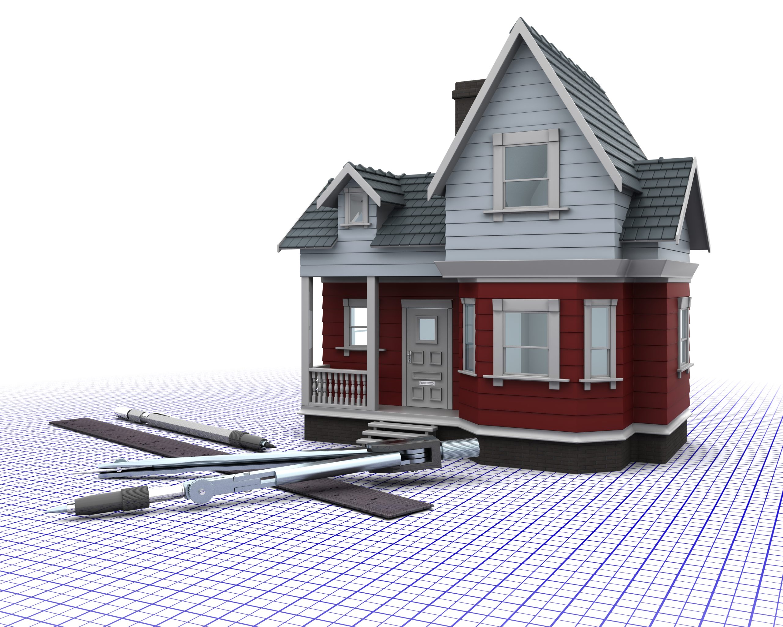 timber house on a grid with drawing instruments Home Construction